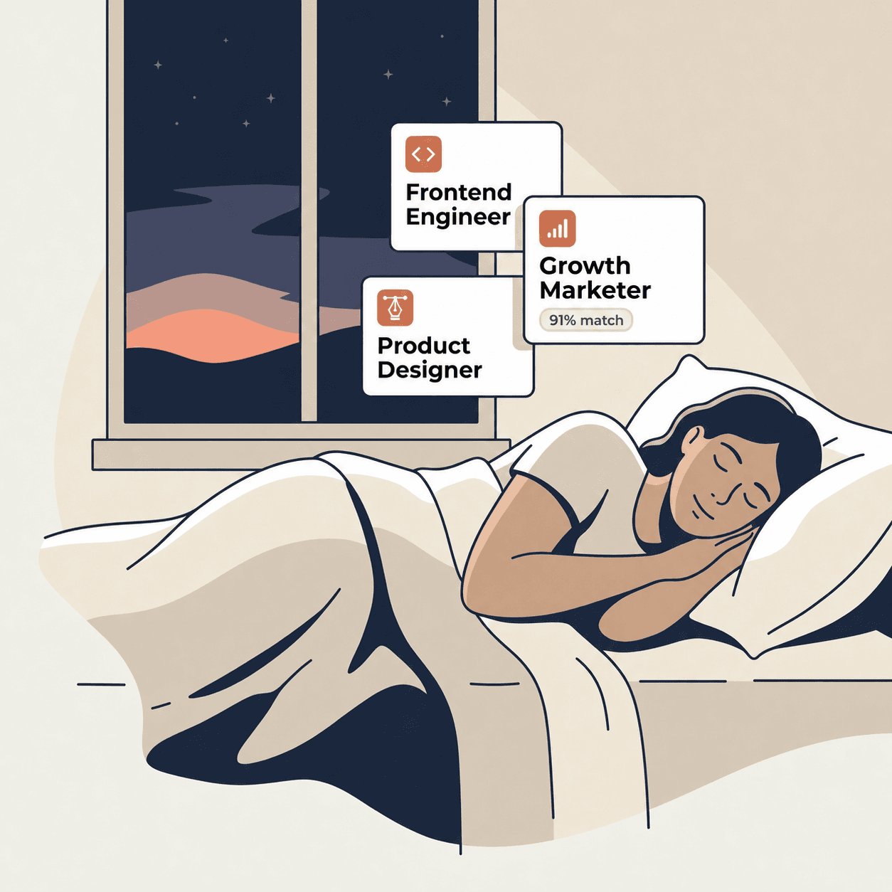 A person sleeping while three job matches are organized for the morning